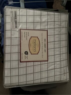 Queen Bed Sheet Set - White with Gray Grid